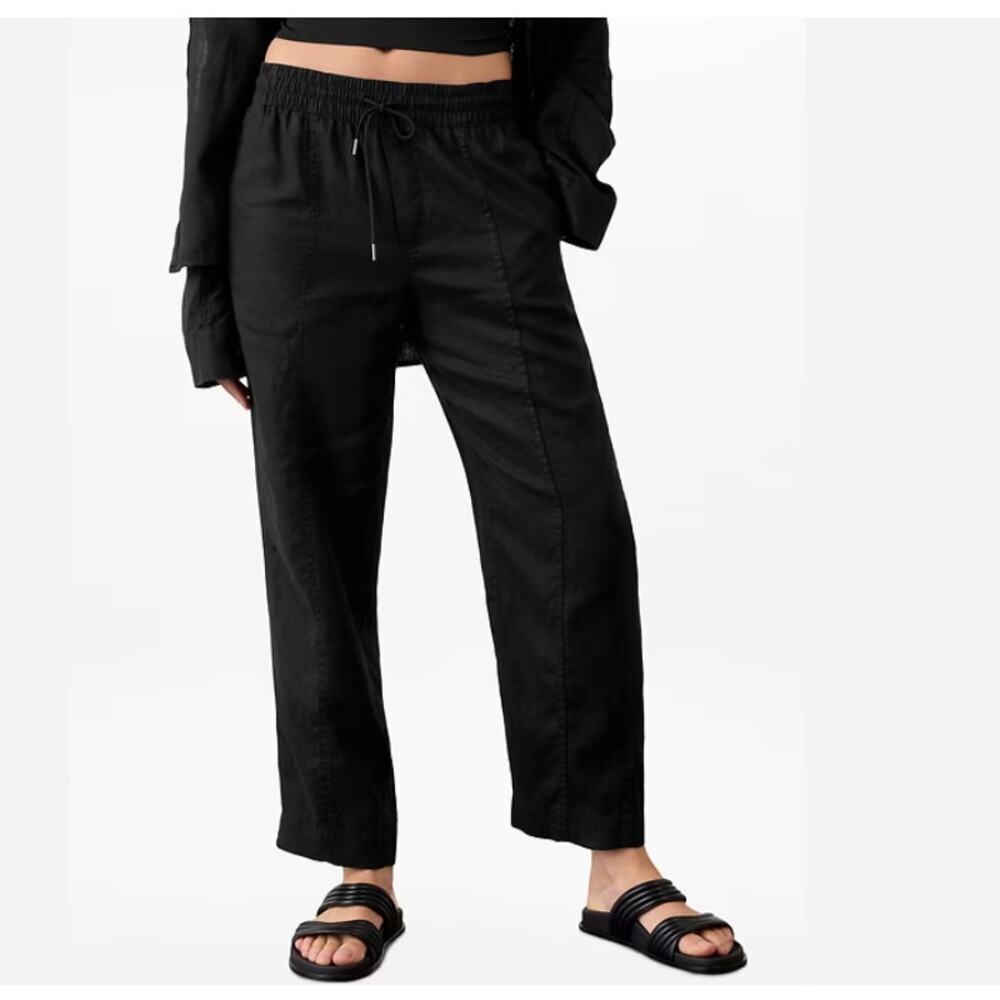 Athleta Retreat Charcoal Black Wide Leg 100% Linen Active Ankle Pant Sz Small